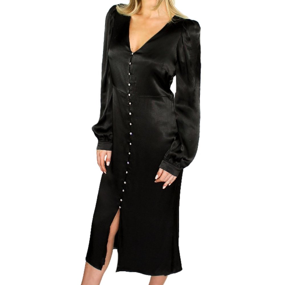 Black En Saison satin midi dress with button detail - Picture 3 of 4